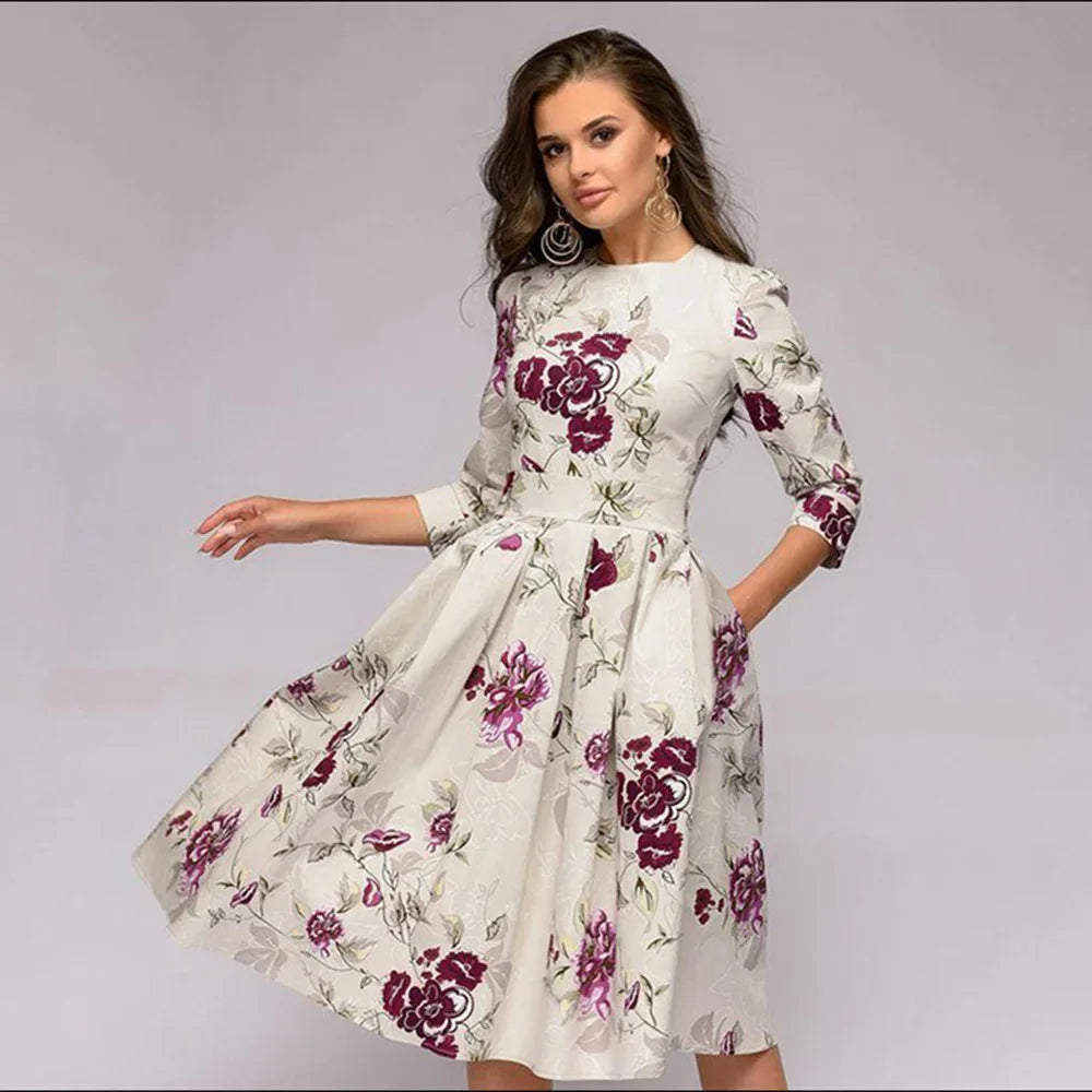 Women's Dress™ Seven-eighth Sleeve Printed A- line Ruffles Dress
