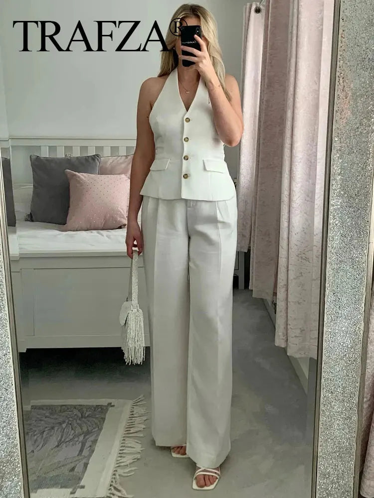 Women's TRAFZA Suit™ Halter Single Breasted Sleeveless Blazer Vest Top + Zipper Fly Trousers Sets