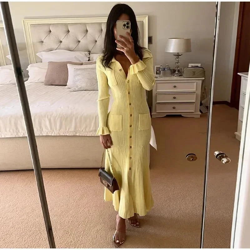 Women's Knitted Dress™ Long Sleeve Ruffles Single Breasted Long Dresses