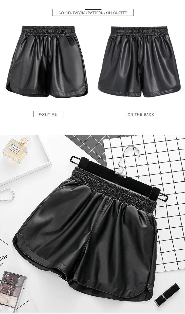 Women's Shorts™ Black PU Leather High Waist Wide Leg Faux Leather Shorts