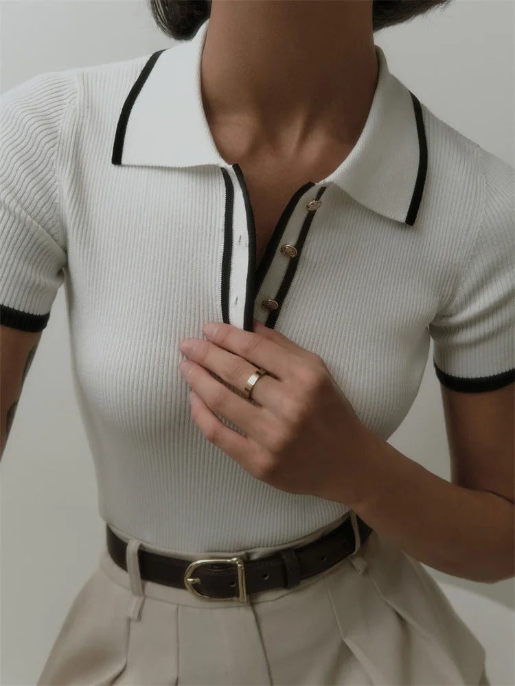 Women's Summer Knit Tops™ Short Sleeve Patchwork Slim Lapel Ribbed Tees
