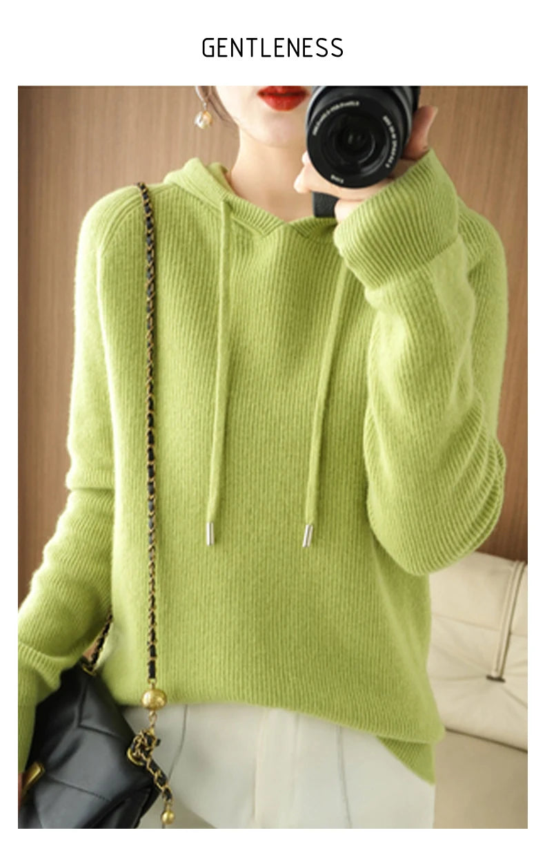 Women's Knitted Cashmere ™ Wool Sweater Hooded Neck Long Sleeve Pullover