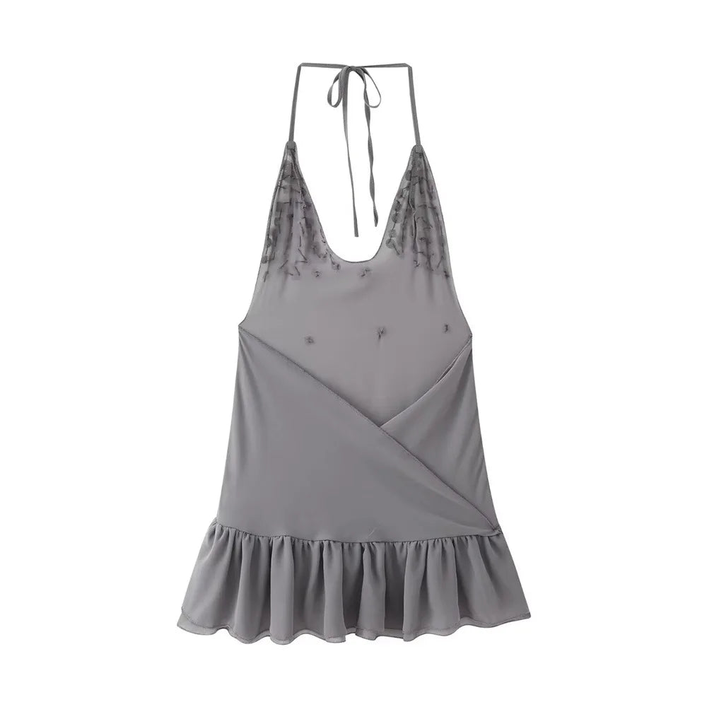 Women's Halter Sequin Ruffled Mini Dress™ V-neck Sleeveless Lace Up Backless Pleated Dresses