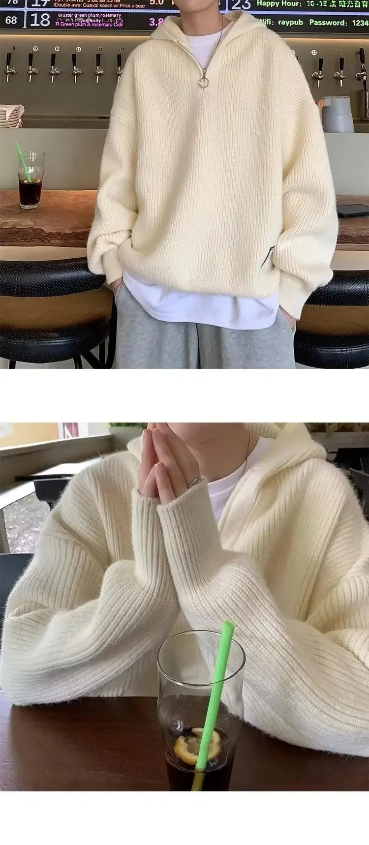 Men's Knitted Sweater™ Casual V-neck Half-zip Loose Hooded Sweater