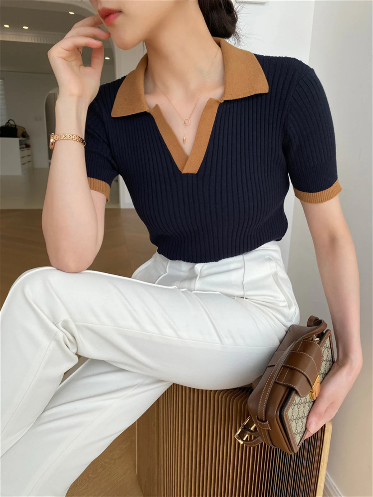 Women's V Neck Knitted Tops™ Short Sleeve Slim Casual Vintage T-shirt
