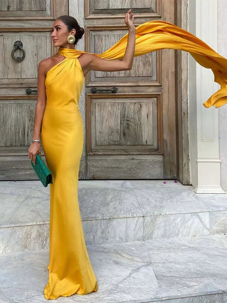 Women's Solid Ribbon Halter Dress™ Off Shoulder Sleeveless Backless Slim Maxi Dresses