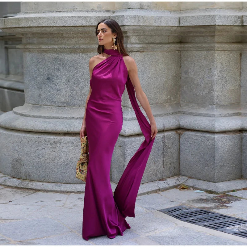 Women's Solid Ribbon Halter Dress™ Off Shoulder Sleeveless Backless Slim Maxi Dresses
