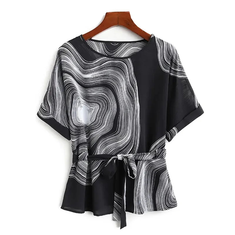 Women's Black Vortex Striped Print Vintage T-Shirt Chiffon O-Neck Short Sleeve Lace-up T-shirt