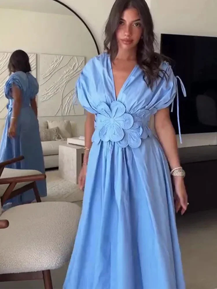 Women's V-Neck Blue Dress™ Waist-Fitted Bow-Decored Long Dress