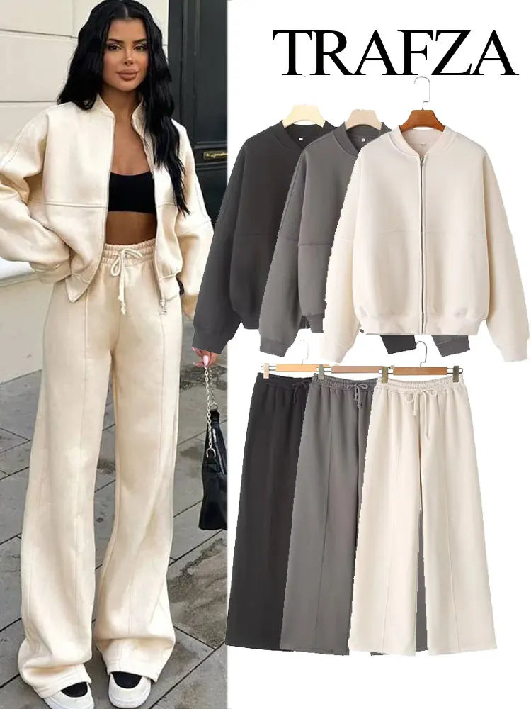 TRAFZA Women's Suits™ Retro Zip Bomber Jacket Sweatshirt and High Waist Lace Up Wide Leg Pants