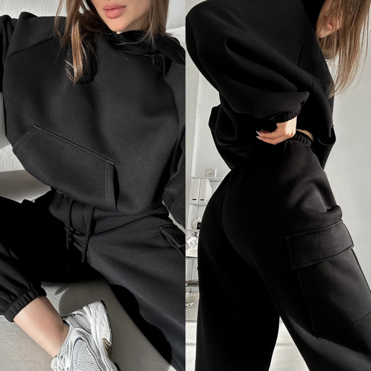 Women's suit sporty clothes™ Long Sleeve Hooded Short Sweatshirt Warm Long Sweatpants