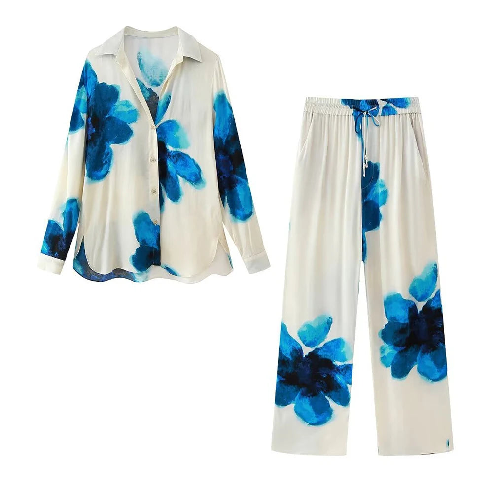 Women's TRAFZA Vintage Satin Suit™ Loose Lapel Shirt + High Waisted Pants Set