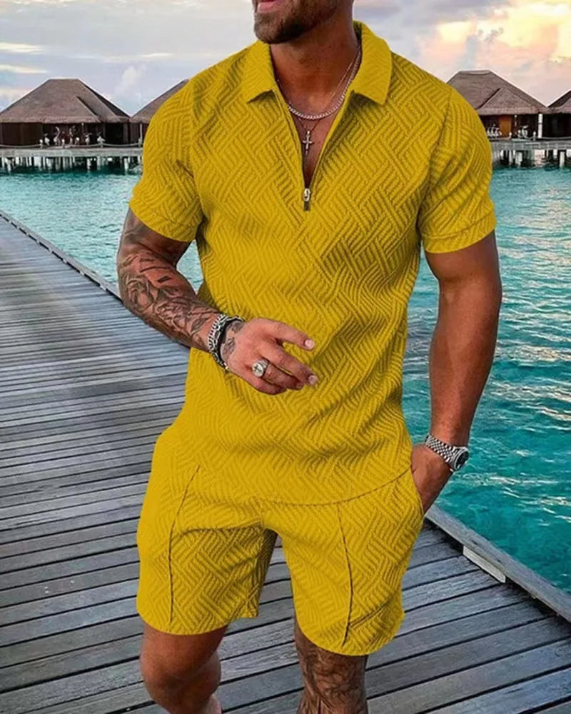 Men's Shorts Set™ Short Sleeve Zip Polo Shirt Street T-shirt Two Piece Casual Sportswear