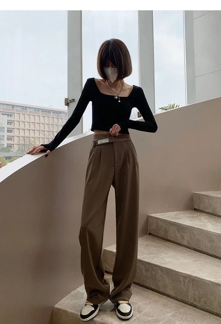 Women's High-Waisted Draped Bell Bottom Trousers™ Loose-Fit Floor-Length Straight-Leg Pants