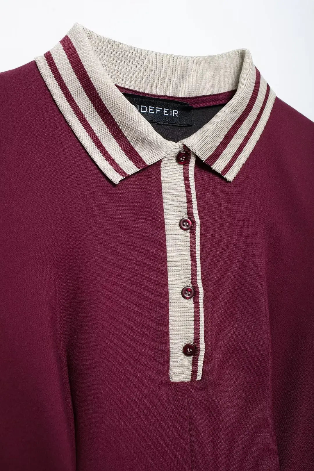 TRAFZA-Women's Burgundy Dress™ Contrasting Ribbed Lapel Buttons Classic Campus Dress