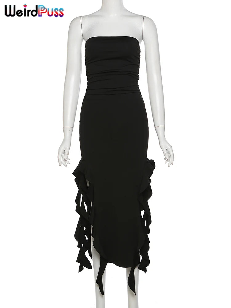 Women's Elegant Strapless Dress™ Irregular Tassel Trend Skinny Split Maxi Bodycon Dress
