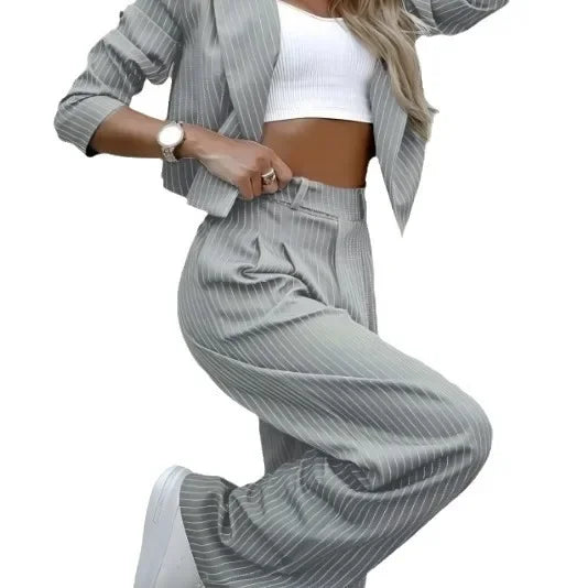 Women's Suit™ Europe and America Temperament Casual Striped Short Style Collar Suit Straight Leg Pants Set
