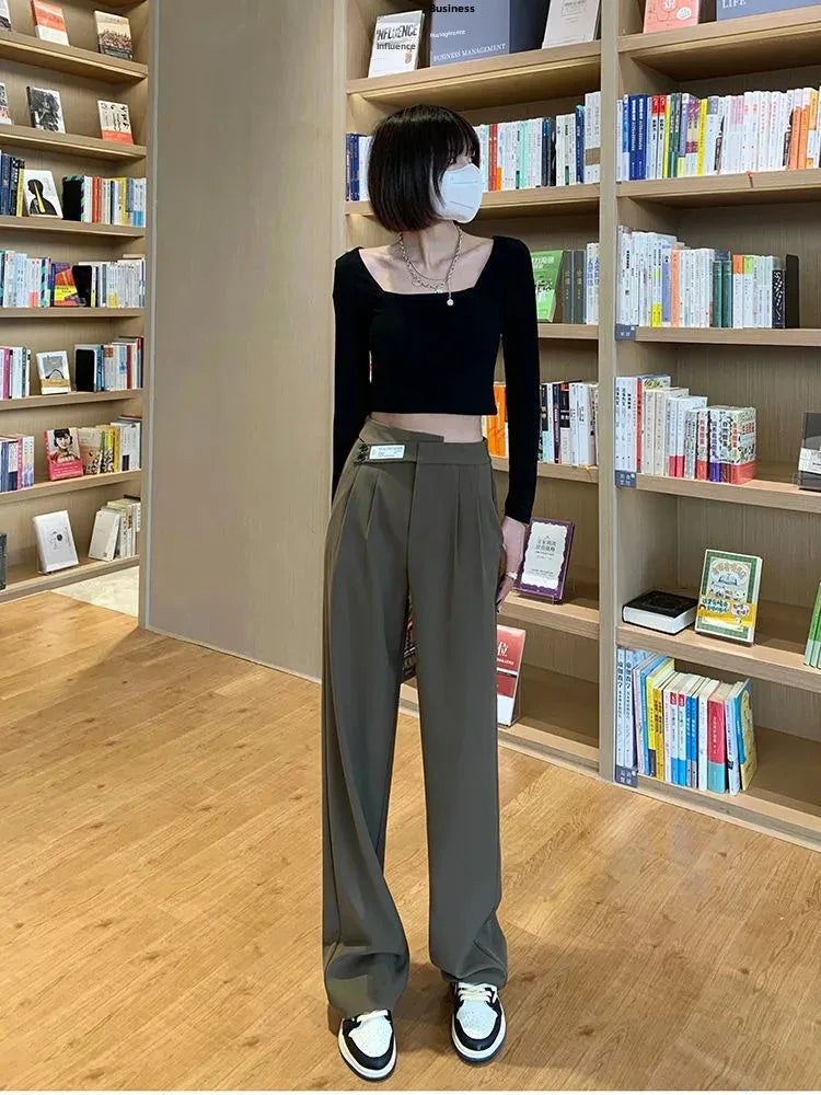 Women's High-Waisted Draped Bell Bottom Trousers™ Loose-Fit Floor-Length Straight-Leg Pants