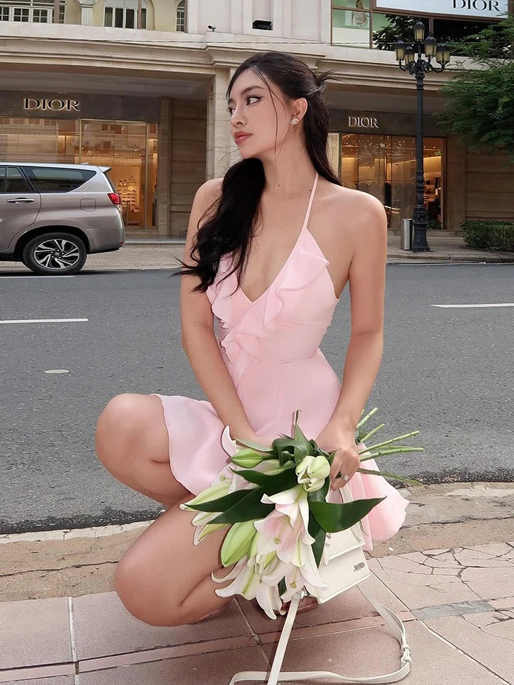 Women's Halter Ruffles V-Neck Dress™ Backless Elegant Mini Bodycon