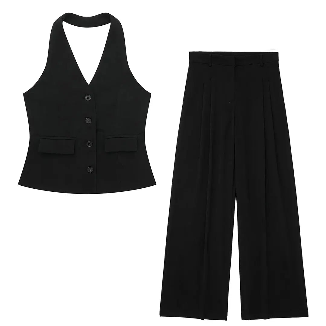 Women's TRAFZA Suit™ Halter Single Breasted Sleeveless Blazer Vest Top + Zipper Fly Trousers Sets