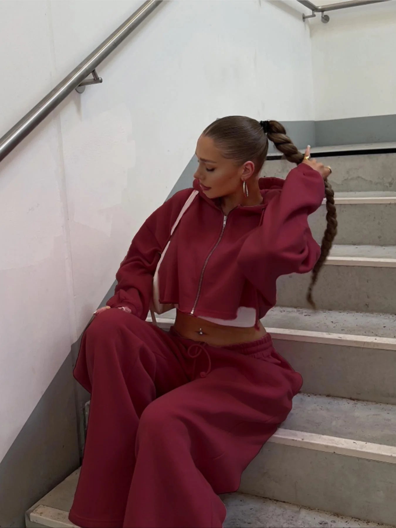 Women's Two Piece Set™ Zip Up Crop Drawstring Long Sleeve Hoodie &Drawstring Waist Sweatpant