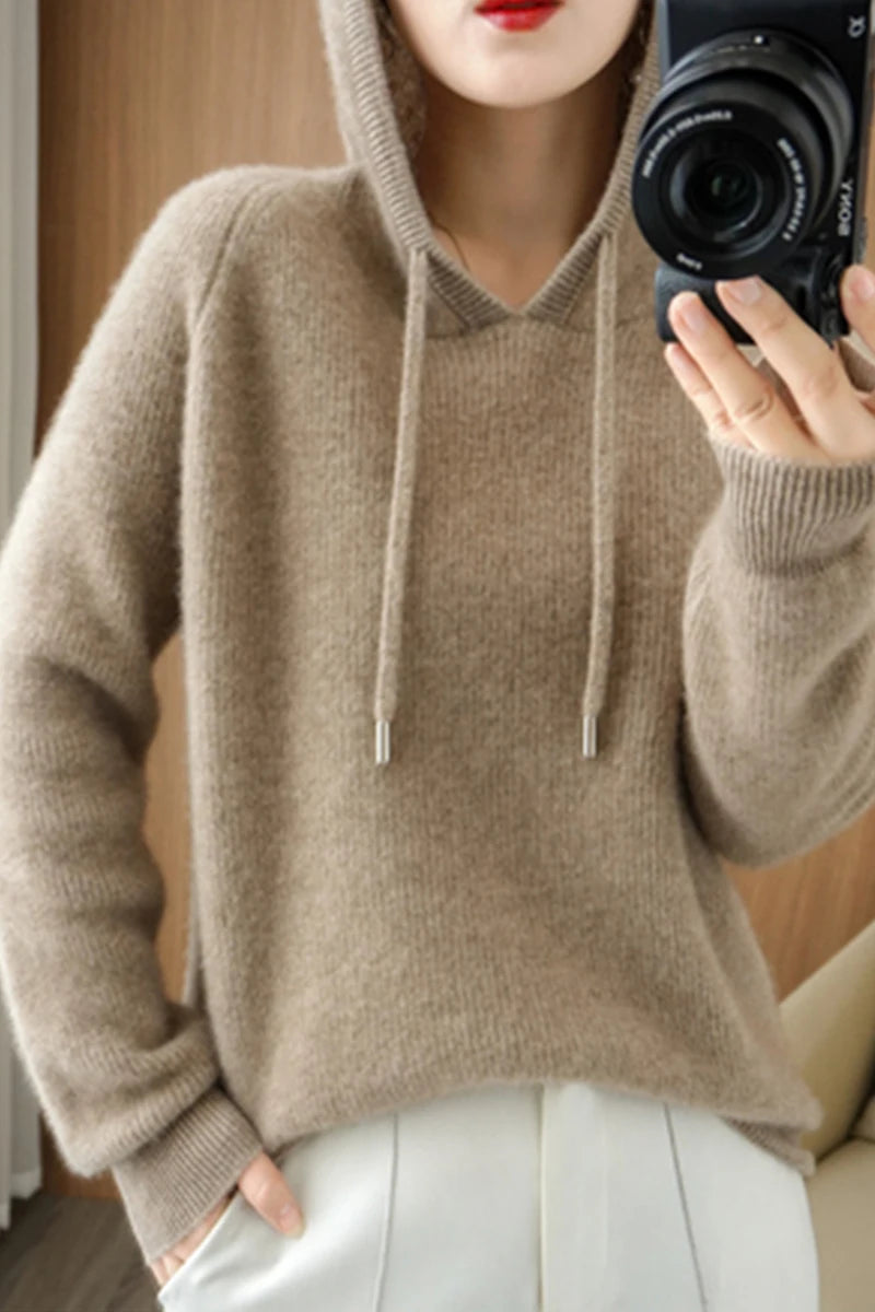 Women's Knitted Cashmere ™ Wool Sweater Hooded Neck Long Sleeve Pullover