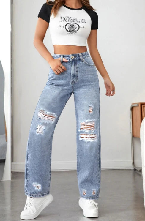Women's light blue denim jeans™ ripped wide leg loose comfortable slimming all-match out jeans
