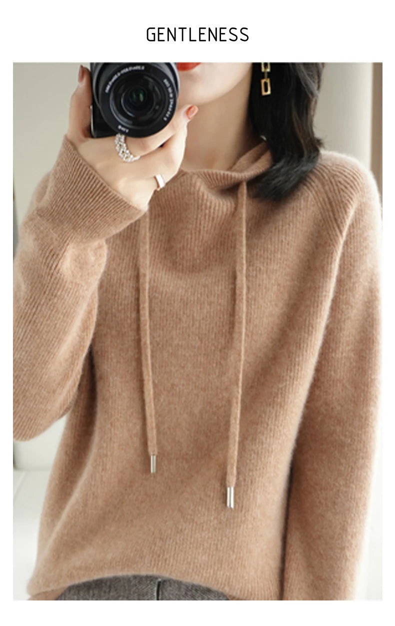 Women's Knitted Cashmere ™ Wool Sweater Hooded Neck Long Sleeve Pullover
