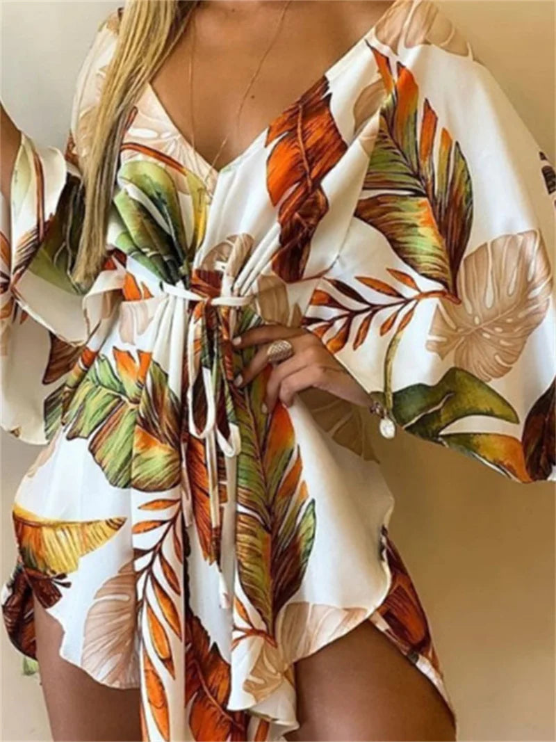 Women's Print V-Neck Bat Sleeve Ruffe Dress™ Flowers Print Bohemian Beach Mini Dresses