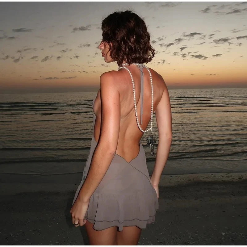 Women's Halter Sequin Ruffled Mini Dress™ V-neck Sleeveless Lace Up Backless Pleated Dresses