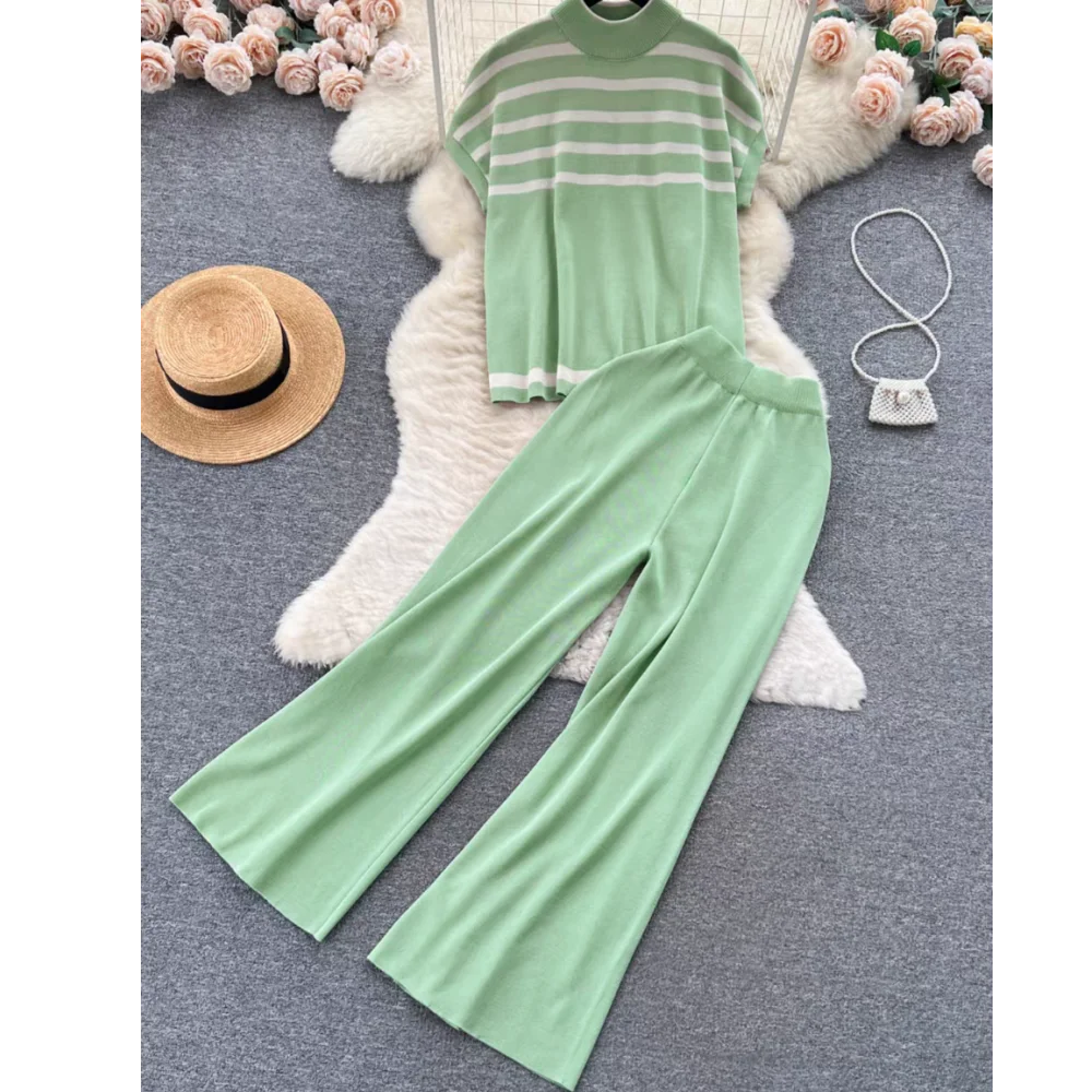Women's Summer Suit™ 2 Pieces Set O-Neck Sleeves Tank Top Stripe Sweater Wide Leg Pant Set Outfit