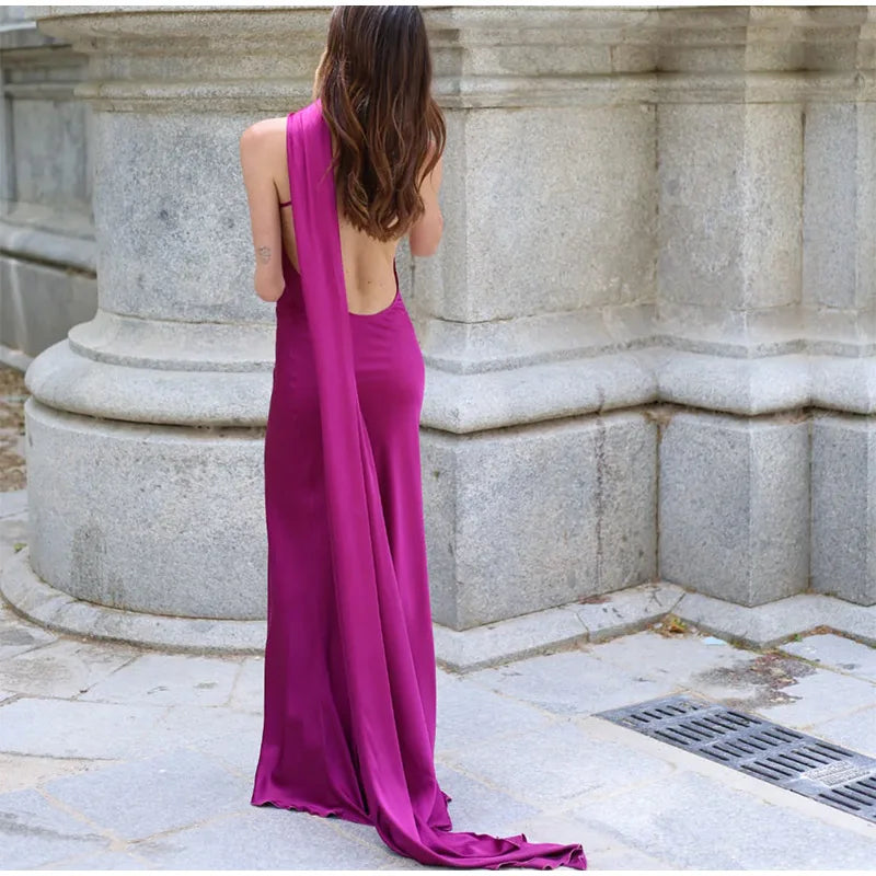 Women's Solid Ribbon Halter Dress™ Off Shoulder Sleeveless Backless Slim Maxi Dresses