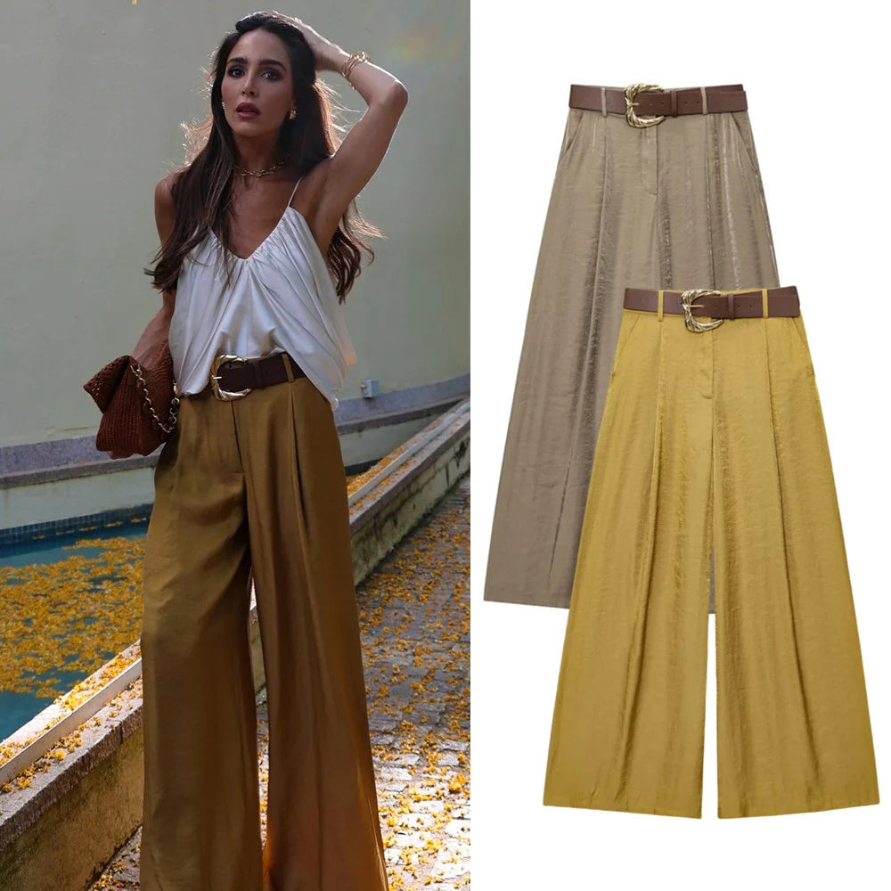 Women's Solid Color Belt Satin Pants™ Textured Wide Leg Casual Pants