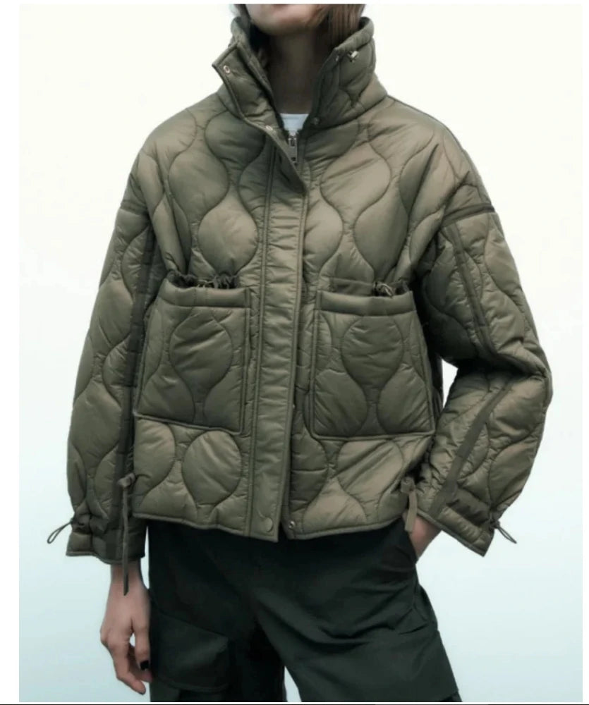 Women's Quilted Coat™ drawstring ties high neck pocket clip cotton jacket for women