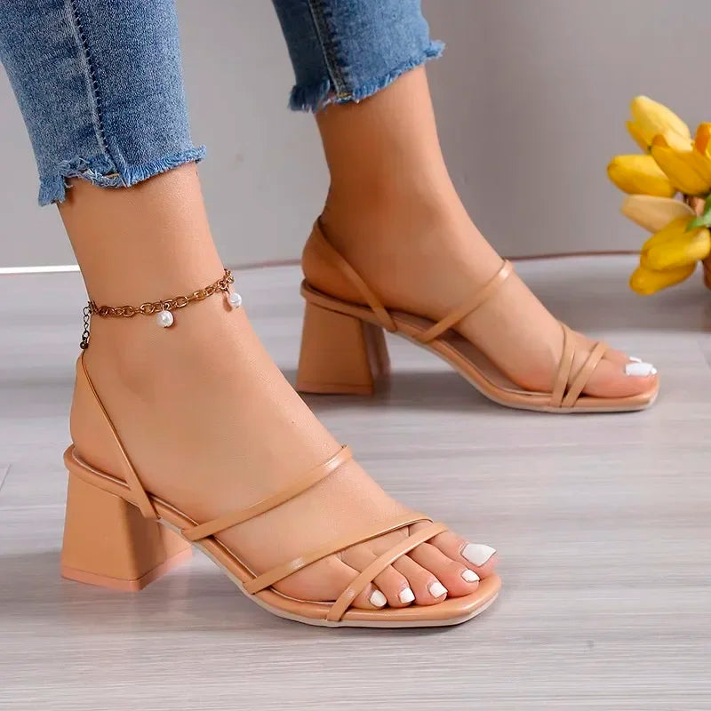 Women's Sandals™ Ladies Square Heels Outside Cross Tied Leather Sandals