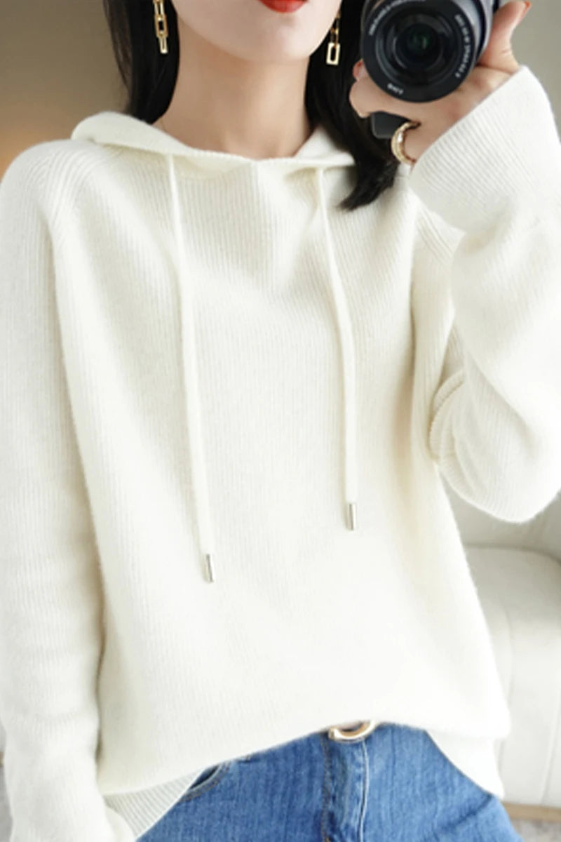 Women's Knitted Cashmere ™ Wool Sweater Hooded Neck Long Sleeve Pullover