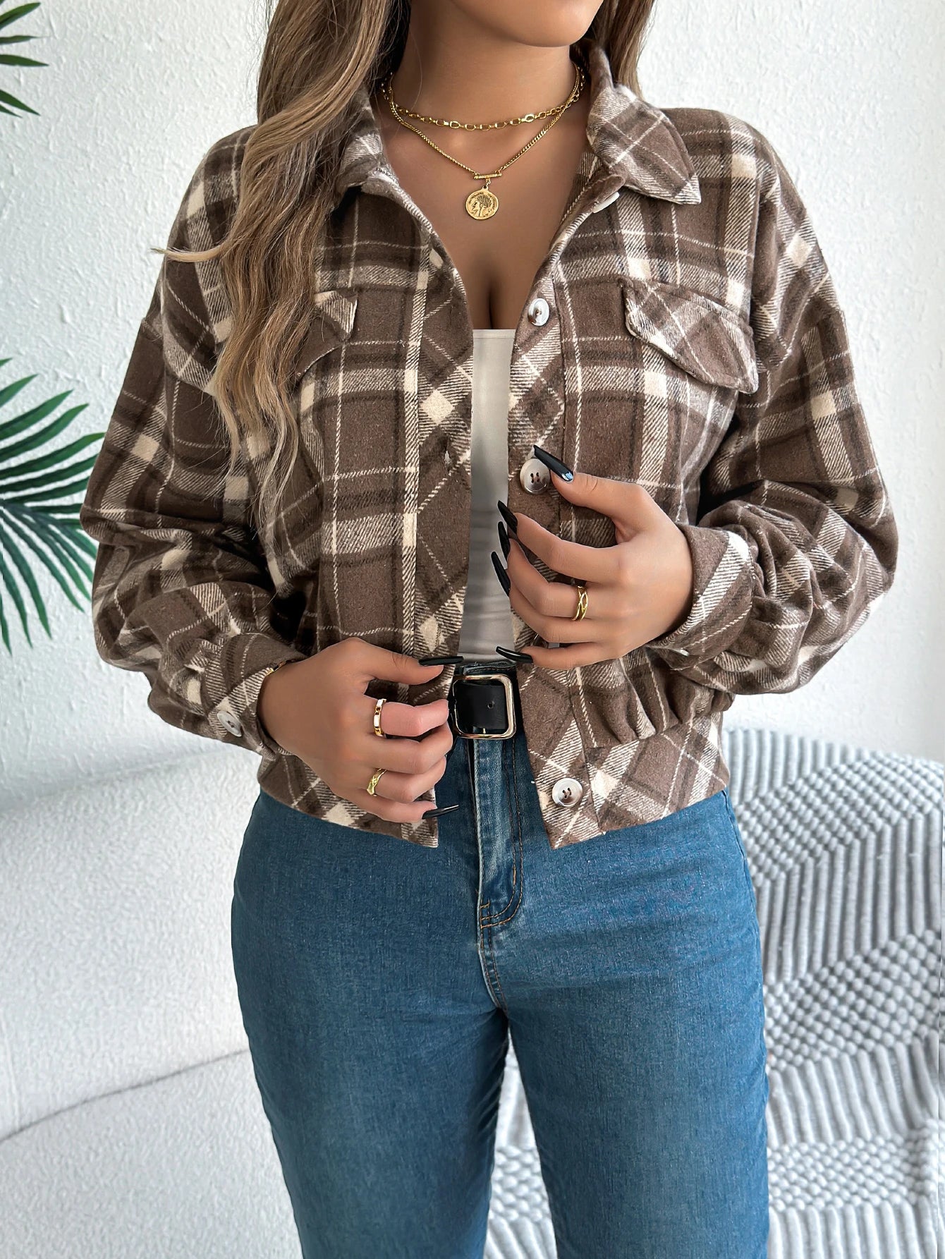 Women's Plaid Short Coat™ Lantern Long Sleeve Turn-Down Collar Button Woolen Jacket