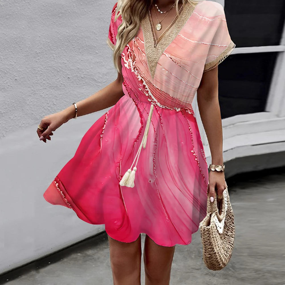 Women's Medium Length Dress™ Bat Sleeves V-Neck Waist Wrap Lace Dress