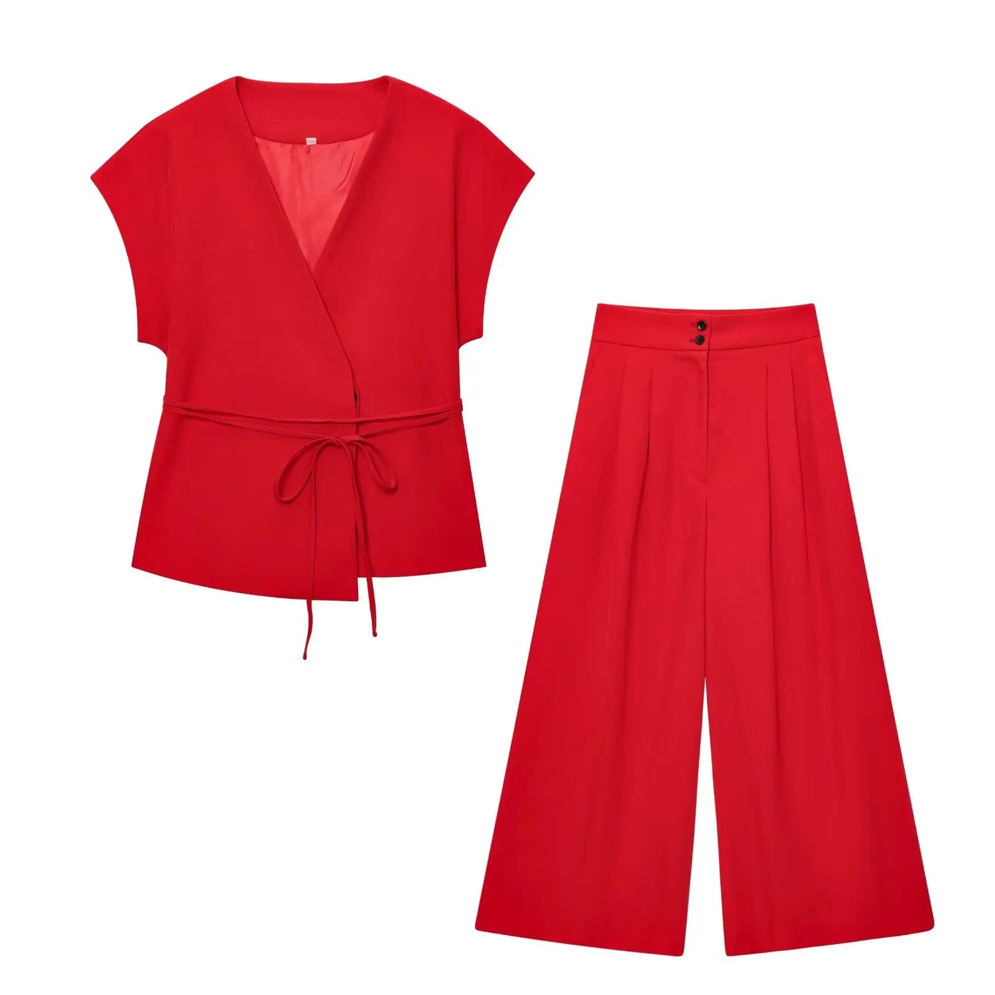 Women's TFMLN Suits™ Sleeveless V-Neck Top With Belt + Straight Pants Set