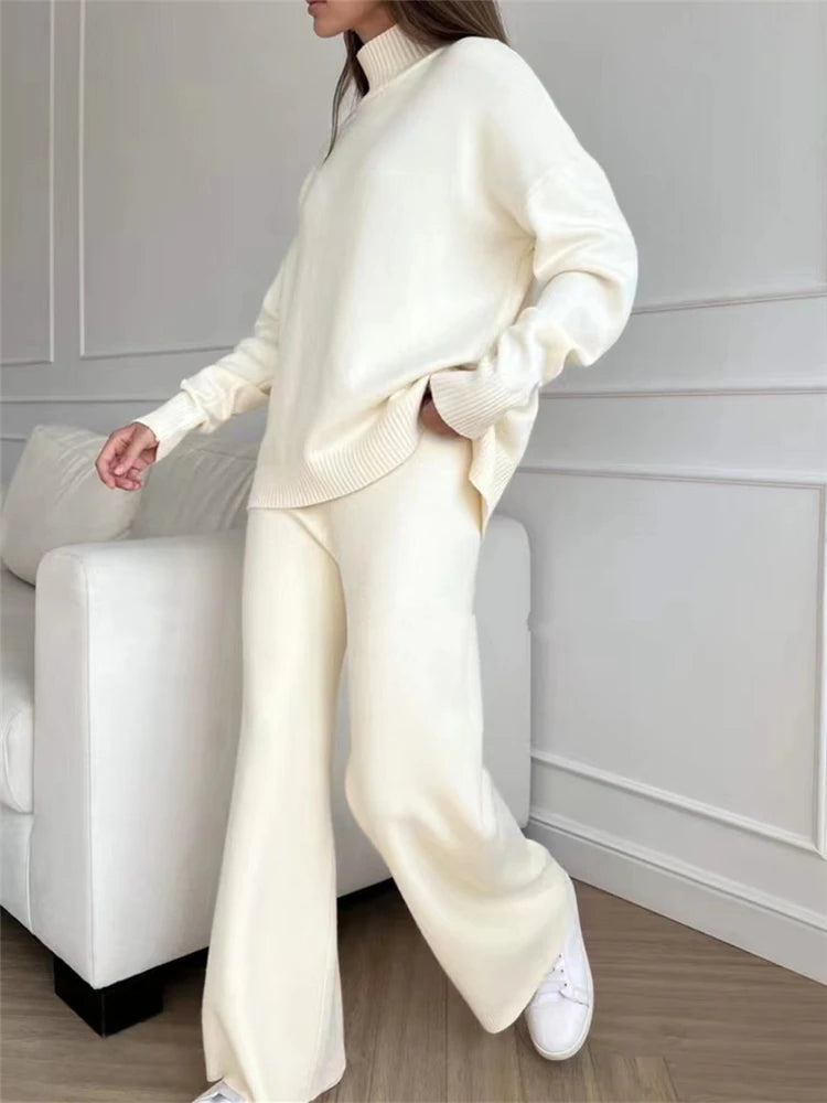 Women Tracksuit™ Knitted Turtleneck Sweater and Straight Jogging Pants Suits