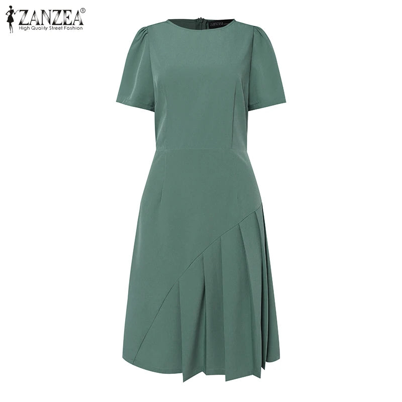 Women's ZANZEA Summer Elegant OL Work Dress™ Short Sleeve A Line Solid Pleated Dresses