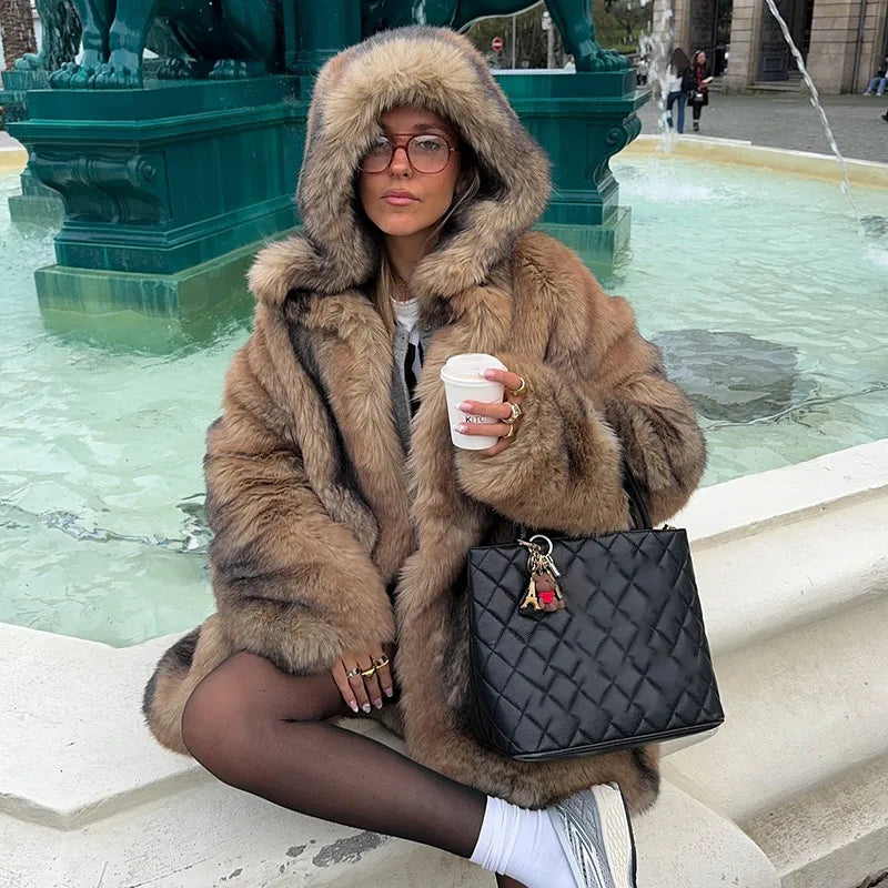 Women's Brown Faux Fur Hooded Coat™ Women Fluffy Loose Long Sleeve Furry Thick Warm Jacket