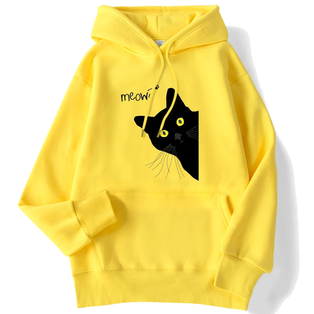Women's Hoodies™ Meow Black Cat Printed Pullover Pocket Drop Sleeves Loose Hoodies
