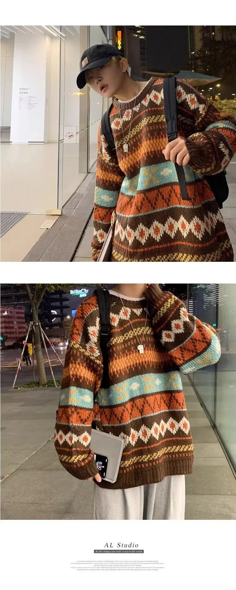Men's Vintage Sweater™ Trendy Ethnic Striped Loose-Fit Knitted Crew Neck Idle Style Sweater