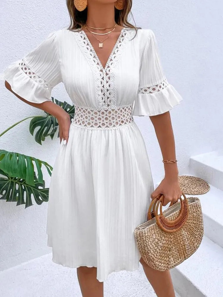 Women's Fashion Elegant Dress™ Ruffle Sleeve V-neck Woven Hollow White Simple Waist Dress
