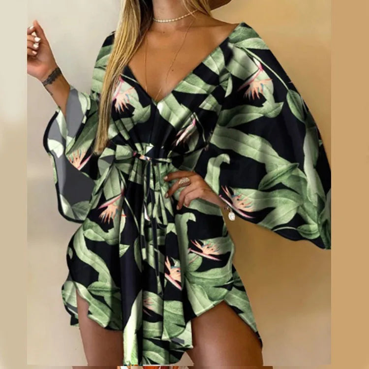 Women's Print V-Neck Bat Sleeve Ruffe Dress™ Flowers Print Bohemian Beach Mini Dresses