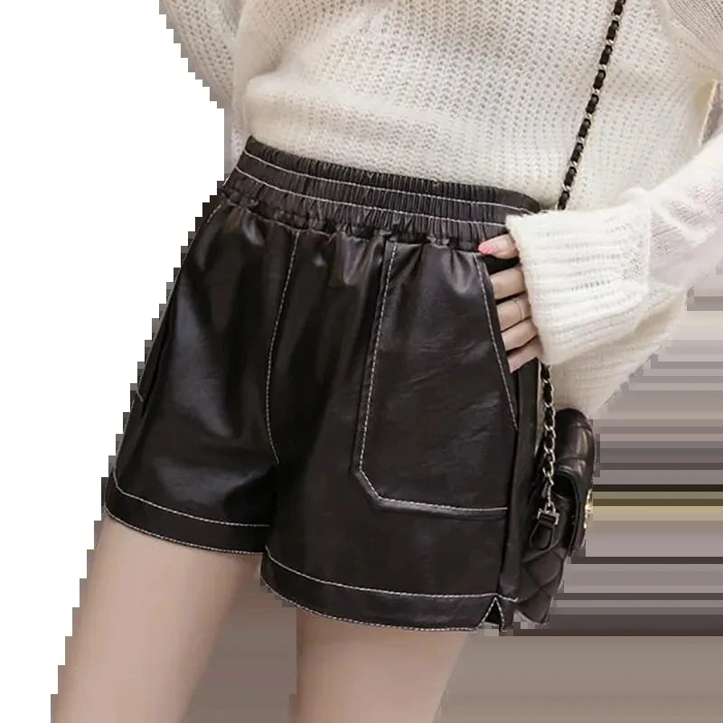 Women's Shorts™ Black PU Leather High Waist Wide Leg Faux Leather Shorts