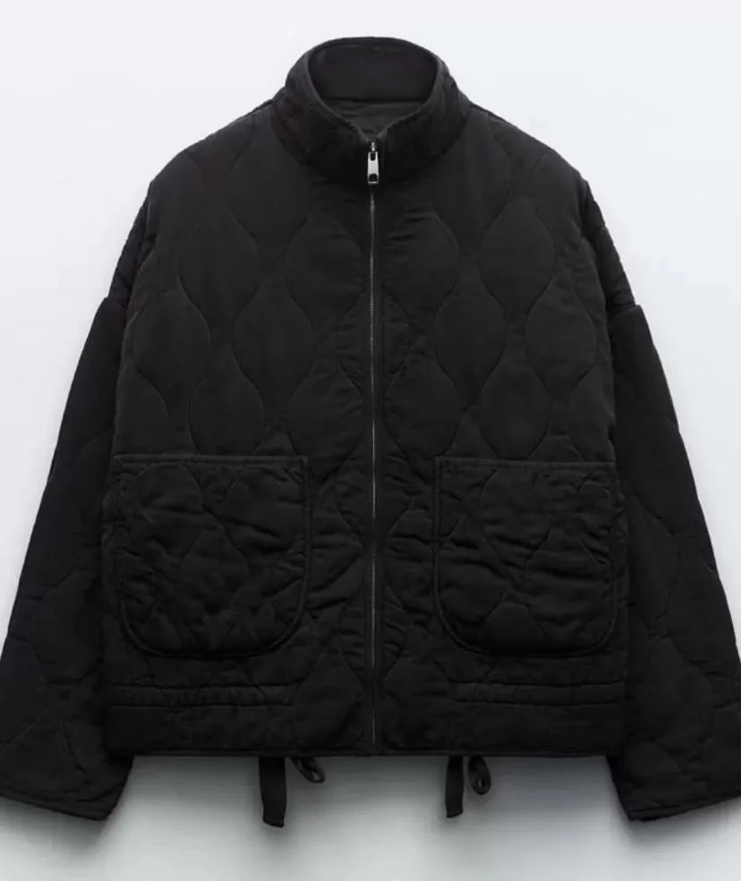 ZW Women's Cotton Jacket™ Traf New Arrival Vintage Lensing Rayon High Collar Large Pocket Quilted Coat