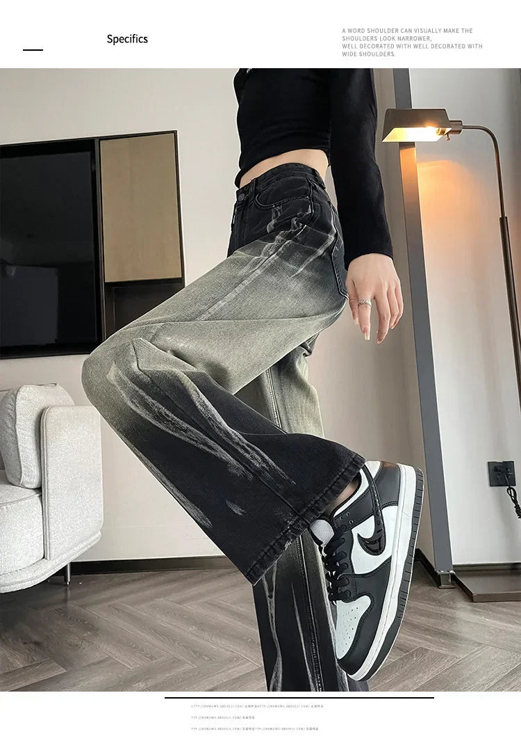 Women's High-waisted Black Grey Denim Pants™ Bell Bottoms Tie-dye Gradient Jeans