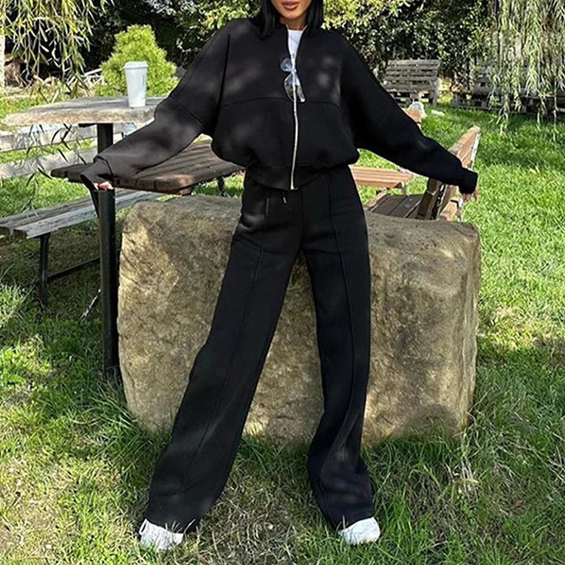 Women's BKLD Tracksuit Sets™ Zip-up Loose Cropped Cardigan + Drawstring Sweatpants